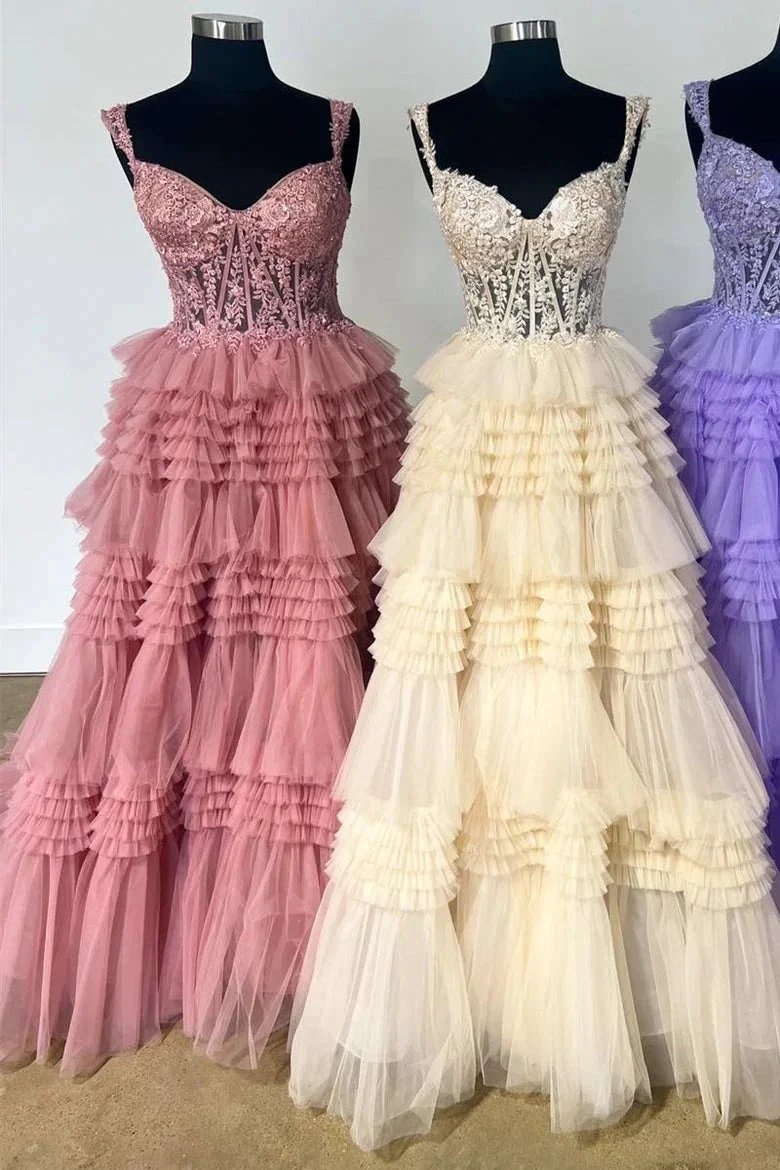 Elina | Red Tulle Off-the-Shoulder Ruffle Tiered Long Prom Dress by KissProm