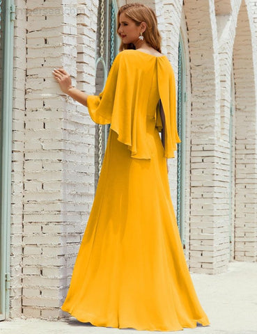 Sunnderly  Bridesmaid Dress Women Long Sleeve V-Neck Chiffon Formal Wedding Party Dress SY28018