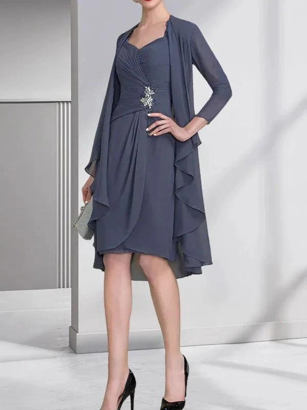 Sheath/Column Sweetheart Knee-Length Chiffon Mother of the Bride Dress With Beading Appliques Lace Sequins Pleated by Dreamylily