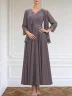 A-line V-Neck Ankle-Length Chiffon Mother of the Bride Dress With Sequins Appliques Lace Beading by Dreamylily