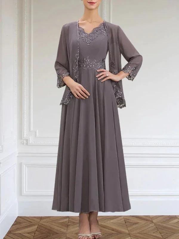 A-line V-Neck Ankle-Length Chiffon Mother of the Bride Dress With Sequins Appliques Lace Beading by Dreamylily