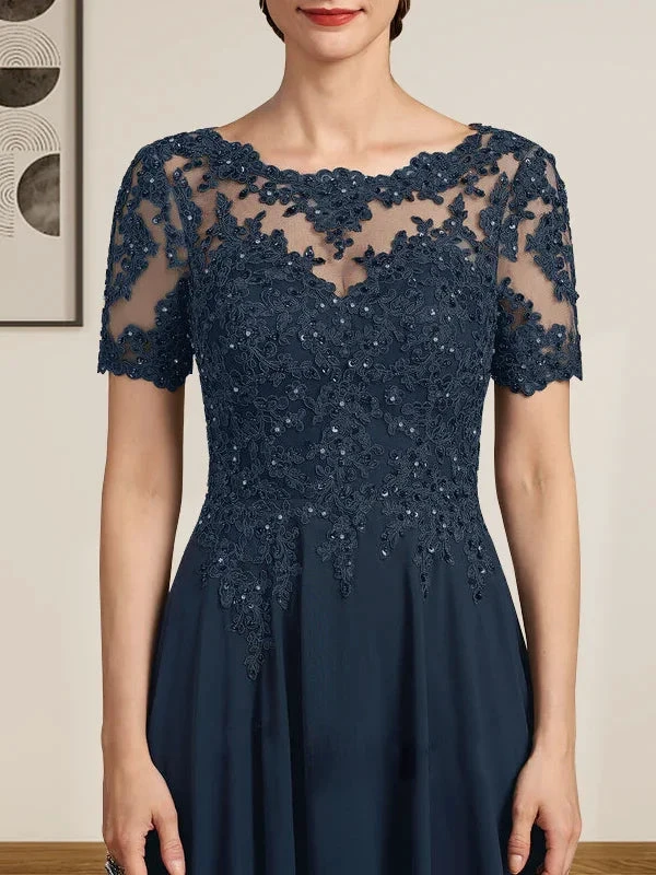 A-line Scoop Illusion Floor-Length Chiffon Lace Mother of the Bride Dress With Sequins Beading by Dreamylily