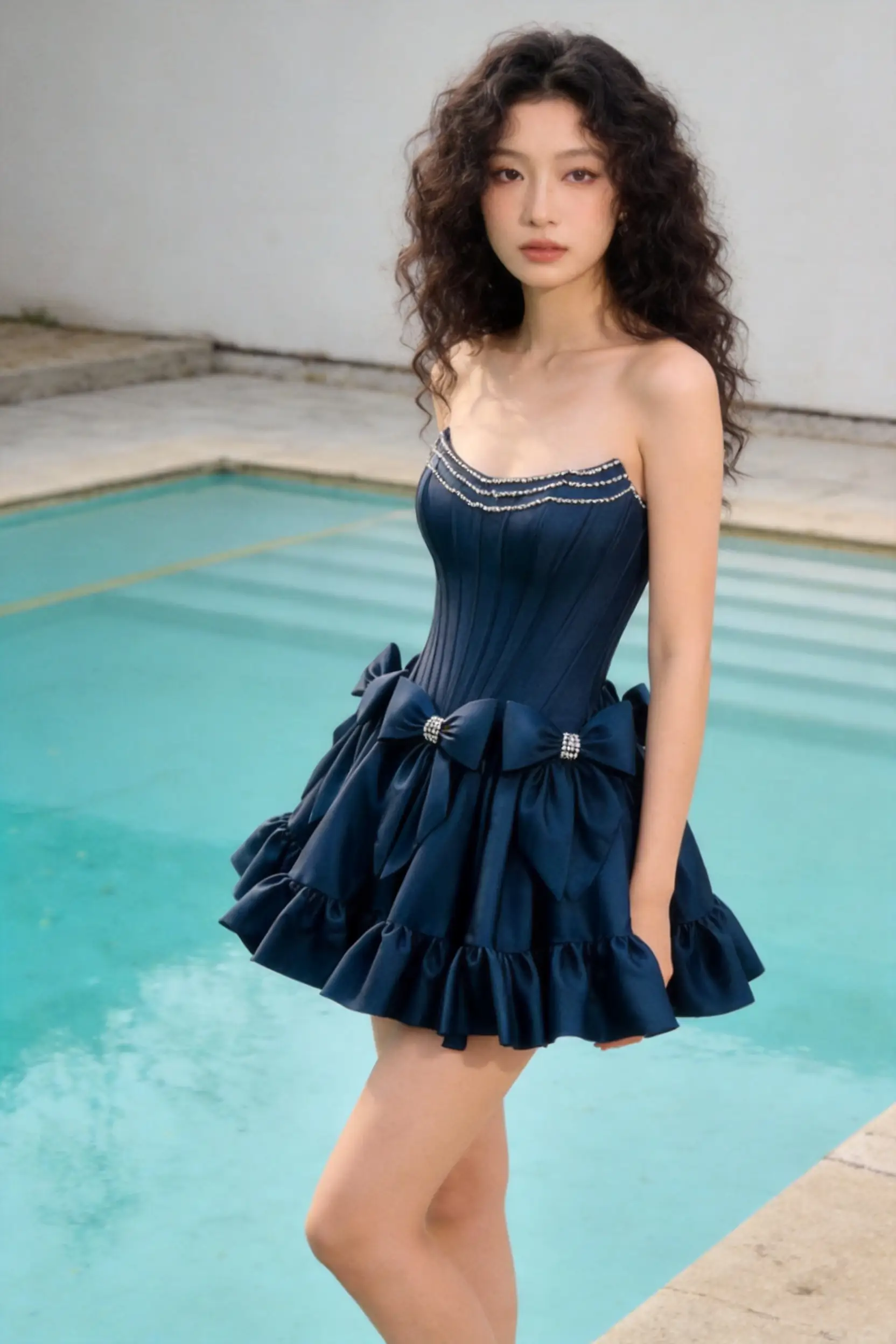 Navy Blue Strapless Corset Mini Dress with Crystal Bows & Beaded Trim by simplepromdress