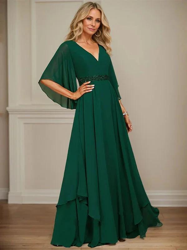 A-line V-Neck Floor-Length Chiffon Mother of the Bride Dress With Sequins Appliques Lace Beading by Dreamylily