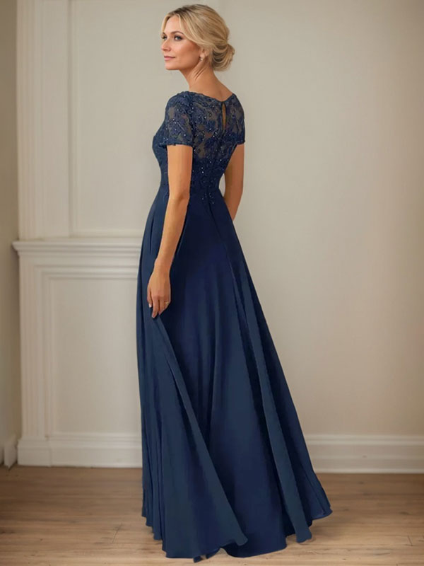 Dunkelmarineblaues A-Linien-Chiffonkleid mit U-Boot-Ausschnitt und Pailletten  Main Image