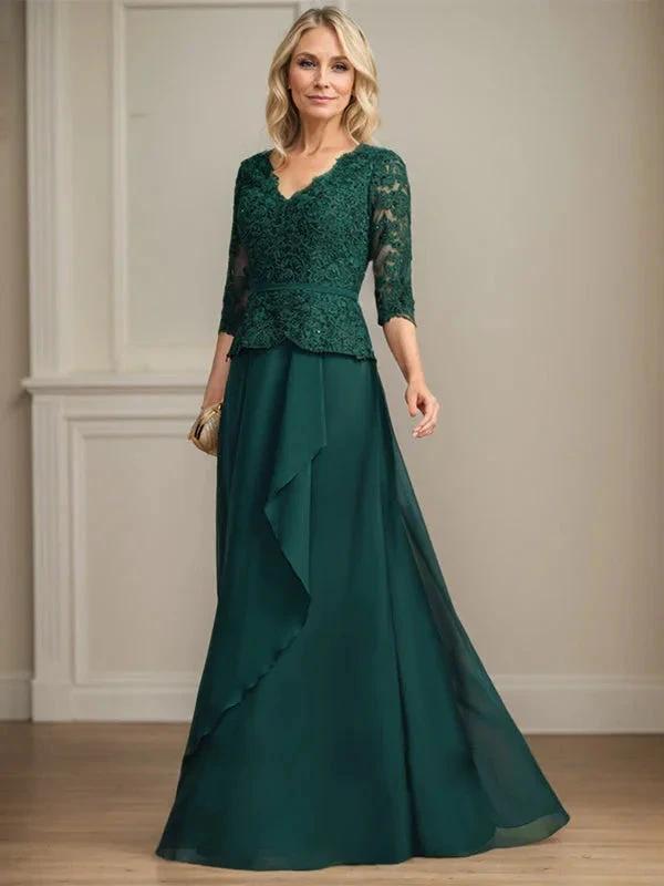 A-line V-Neck Floor-Length Lace Chiffon Mother of the Bride Dress With Cascading Ruffles Sequins by Dreamylily
