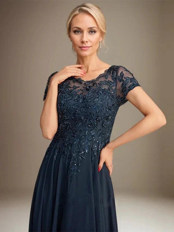 A-Line Scoop Floor-Length Chiffon Mother of the Bride Dress With Applique & Sequins by Dreamylily