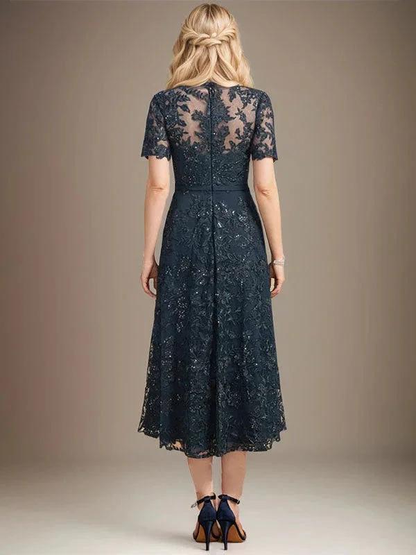 A-line Scoop Illusion Tea-Length Lace Mother of the Bride Dress With Sequins by Dreamylily