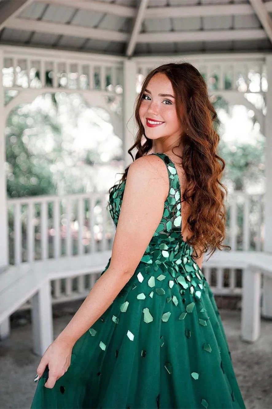 Shelly | A-Line Green V-Neck Sequins Long Prom Dress by KissProm