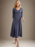 A-line V-Neck Tea-Length Chiffon Lace Mother of the Bride Dress With Beading by Dreamylily