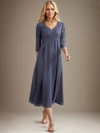 A-line V-Neck Tea-Length Chiffon Lace Mother of the Bride Dress With Beading by Dreamylily