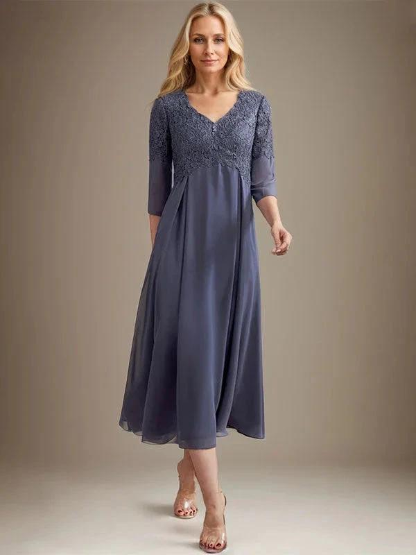 A-line V-Neck Tea-Length Chiffon Lace Mother of the Bride Dress With Beading by Dreamylily