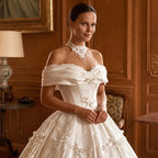 Off the Shoulder White Satin Ball Gown Wedding Dress with Long Cathedral Train SW675