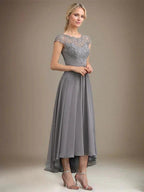 A-line Scoop Illusion Asymmetrical Lace Chiffon Mother of the Bride Dress With Pleated by Dreamylily