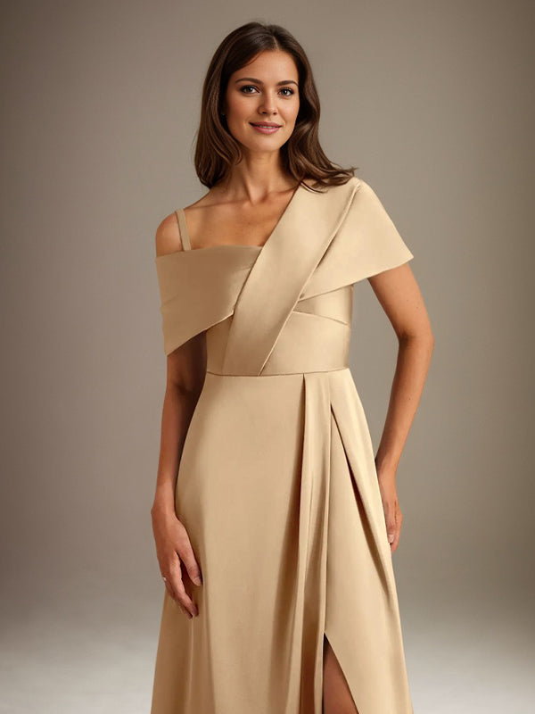 A-Line Asymmetrical Neckline Floor-Length Satin Mother of the Bride Dress With Pleated Main Image