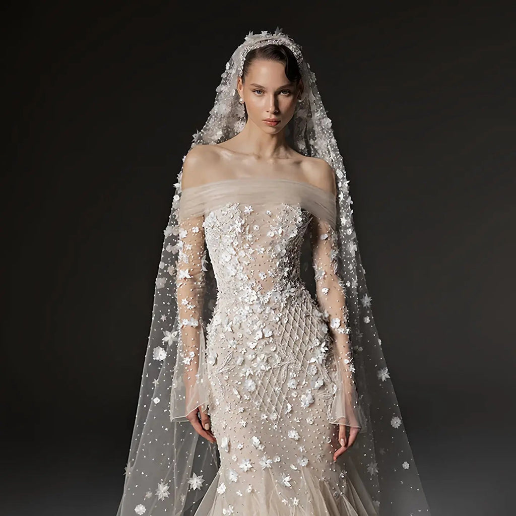 Glamorous Champagne Off-the-Shoulder Beaded Floral Mermaid Wedding Dress with Veil SW670