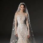 Glamorous Champagne Off-the-Shoulder Beaded Floral Mermaid Wedding Dress with Veil SW670