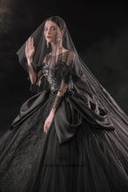 Dramatic Black Ball Gown Illusion Neckline Satin Puff Sleeve Beaded Lace Wedding Dress with Oversized Train E-305