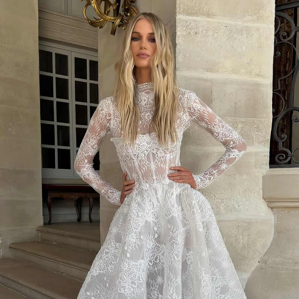 Elegant White High Neck Long Sleeve Lace A-Line Wedding Dress SW227
