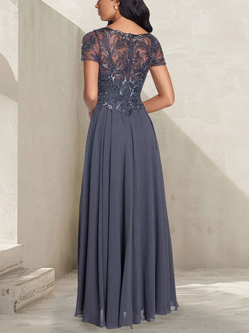 Vestido largo de madre de la novia con escote redondo, corte A, color gris carbón y cuentas