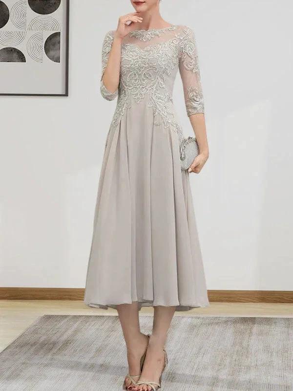 A-line Scoop Illusion Tea-Length Chiffon Lace Mother of the Bride Dress With Beading Sequins by Dreamylily