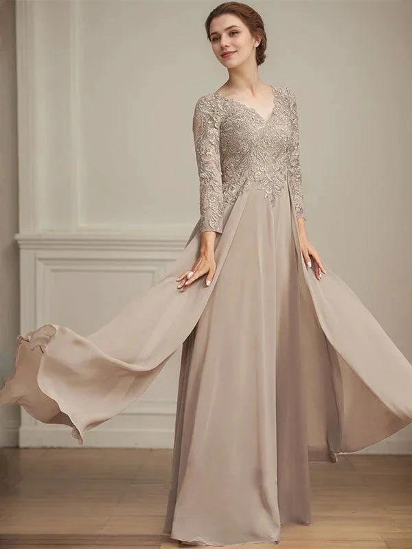 A-line V-Neck Floor-Length Lace Chiffon Mother of the Bride Dress With Sequins by Dreamylily
