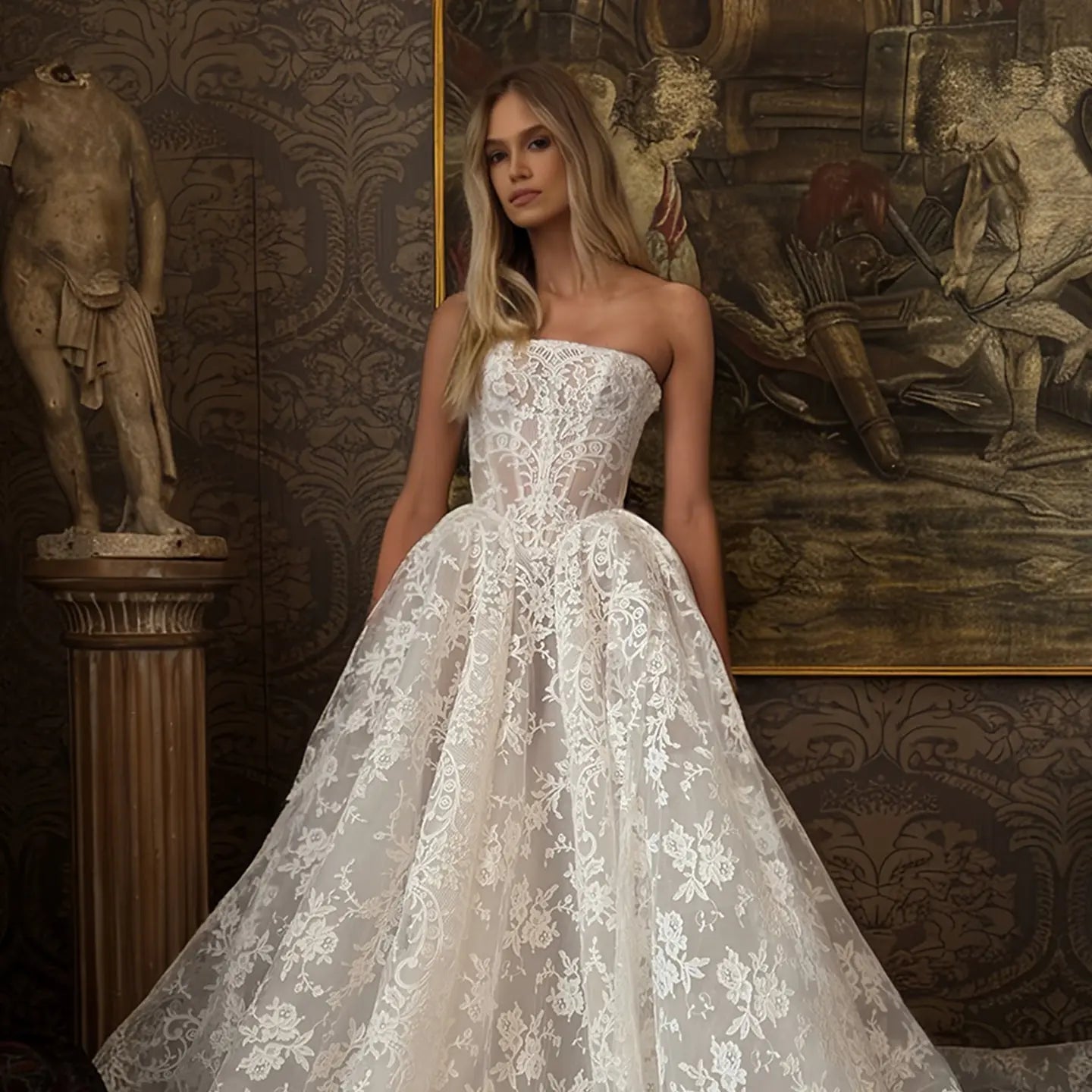 Glamorous White Strapless Floral Lace Wedding Dress with Veil SW212