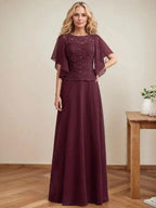 A-line Scoop Illusion Floor-Length Lace Chiffon Mother of the Bride Dress With Sequins by Dreamylily