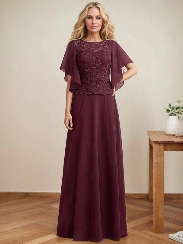A-line Scoop Illusion Floor-Length Lace Chiffon Mother of the Bride Dress With Sequins by Dreamylily