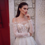 Elegant White Off-Shoulder Feather Lace Corset Mini Wedding Dress SW717