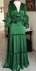 Elegant long green satin dress with ruffled sleeves on display in a stylish room, ZAPDRESS