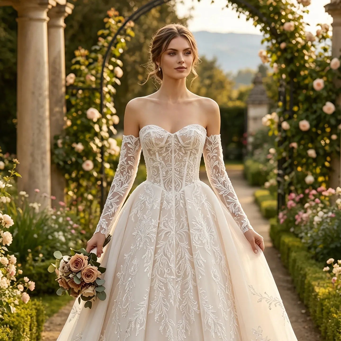 Elegant Ivory Strapless Corset Lace Tulle Bridal Gown Wedding Dress with Long Detachable Sleeves SW703