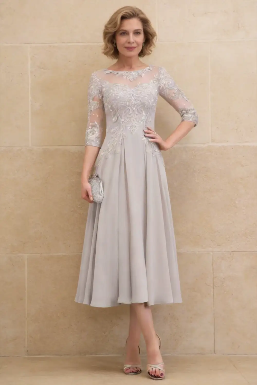 Elegant Silver Gray Lace Chiffon Tea-Length Mother of the Bride Dress with 3/4 Sleeves by tangjianjun