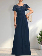 A-line Asymmetrical Illusion Floor-Length Lace Chiffon Mother of the Bride Dress With Cascading Ruffles Sequins by Dreamylily