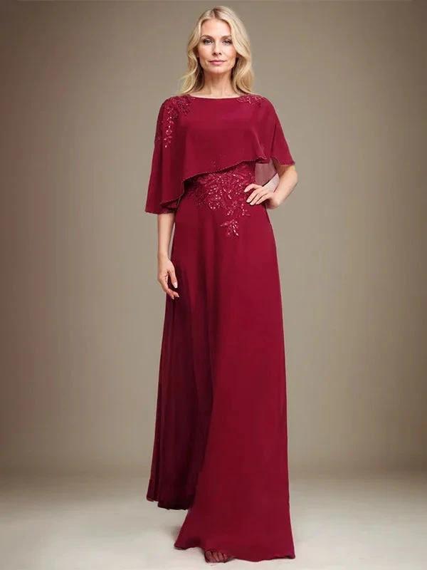 A-line Scoop Floor-Length Chiffon Lace Mother of the Bride Dress With Sequins Beading by Dreamylily