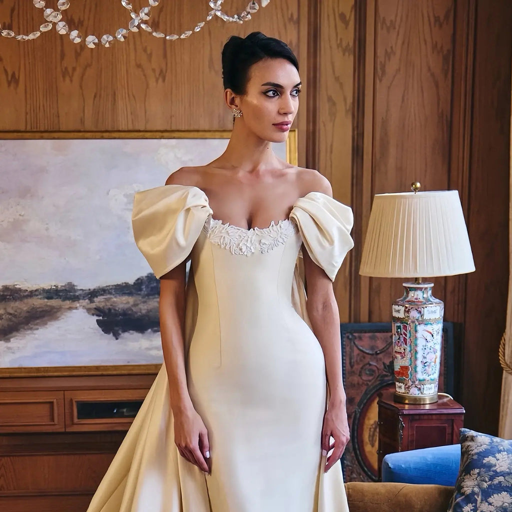 Luxury Ivory Off-the-Shoulder Satin Wedding Dress with Puff Sleeves SW230