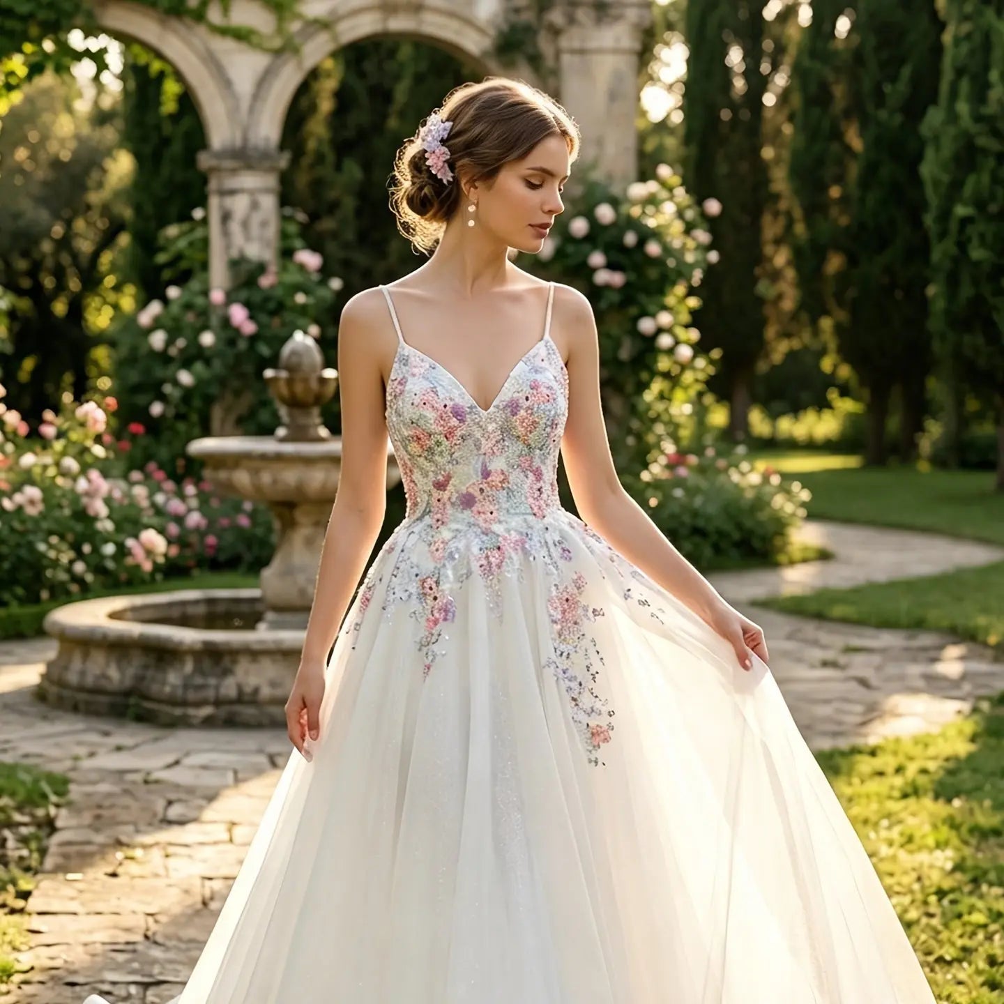 Glamorous White Floral Applique A-Line Tulle Wedding Dress with Train SW704