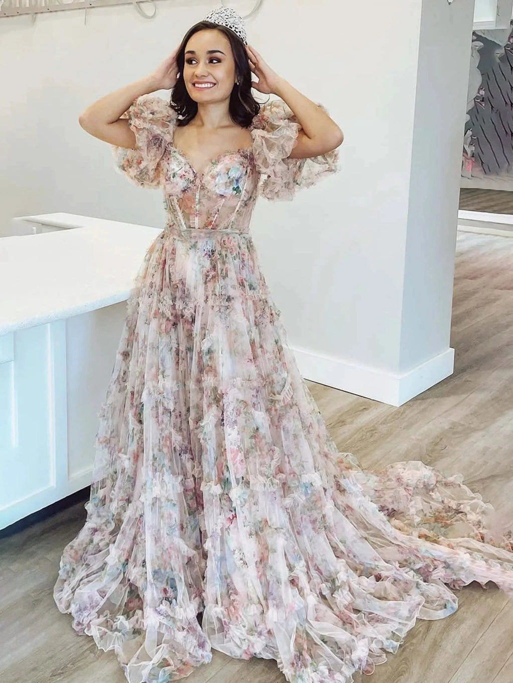 Sydney |A Line Off The Shoulder Floral Tulle Prom Dress by KissProm