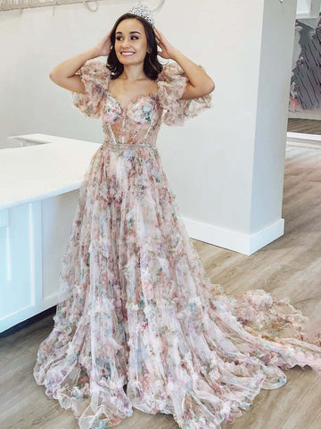 Sydney | A-Linien-Ballkleid aus schulterfreiem Tüll mit Blumenmuster