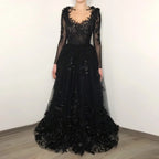 Black Luxury Gothic Wedding Dress 3D Floral Lace Tulle Sweep Train SW551