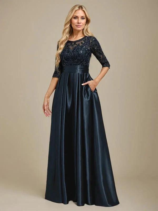 A-line Scoop Illusion Floor-Length Stretch Satin Lace Mother of the Bride Dress With Bow Sequins by Dreamylily