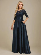 A-line Scoop Illusion Floor-Length Stretch Satin Lace Mother of the Bride Dress With Bow Sequins by Dreamylily