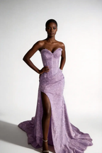 Lavender Sequin Strapless Sweetheart Mermaid Prom Dress with High Slit & Train by tangjianjun