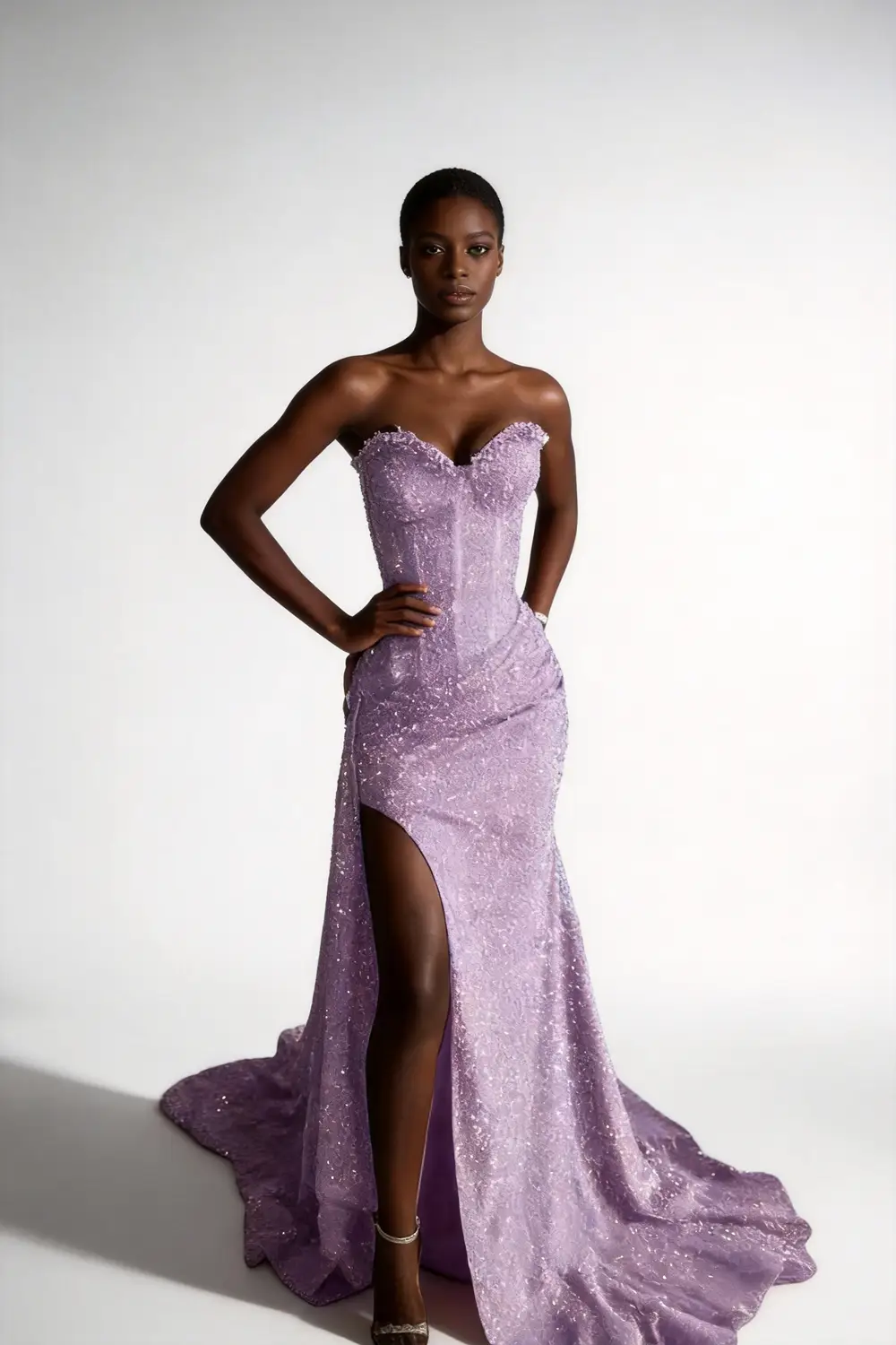 Lavender Sequin Strapless Sweetheart Mermaid Prom Dress with High Slit & Train by tangjianjun