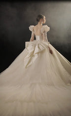 Regal Ball Gown Illusion Neckline Tulle Puff Sleeve Beaded Lace Wedding Dress with Oversized Bow Train E-304 by ZAPDRESS