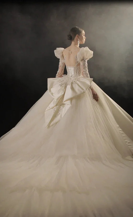 Regal Ball Gown Illusion Neckline Tulle Puff Sleeve Beaded Lace Wedding Dress with Oversized Bow Train E-304 by ZAPDRESS