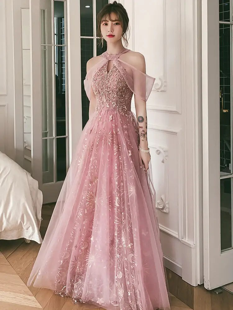 Pink Tulle A-line Long Formal Dresses, Pink High Neckline Party Dresses Prom Dresses by tangjianjun