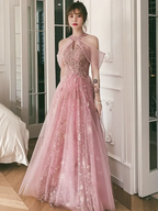 Pink Tulle A-line Long Formal Dresses, Pink High Neckline Party Dresses Prom Dresses by tangjianjun