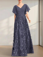 A-line V-Neck Floor-Length Lace Sequin Chiffon Mother of the Bride Dress With Pleated by Dreamylily