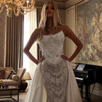 Elegant Ivory Strapless Beaded Corset Lace Mermaid Wedding Dress with Overskirt SW218